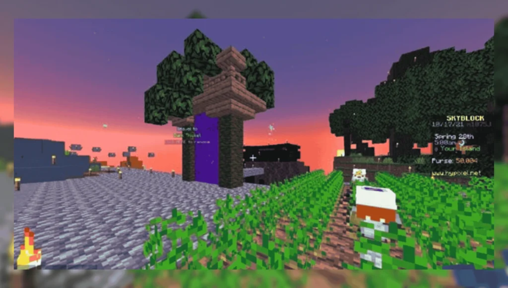 Pojavlauncher for pc 4 Minecraft Skyblock gameplay with portal and farm area running on PojavLauncher with multiplayer server interface