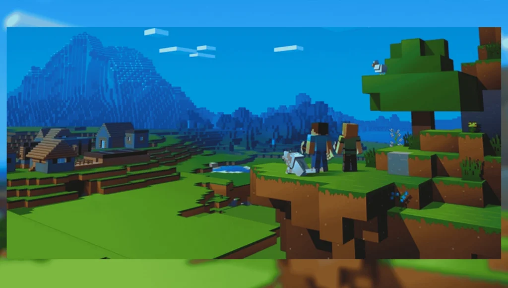 Pojavlauncher for pc 2 Minecraft Java Edition scene with characters exploring landscape with mountains and village background