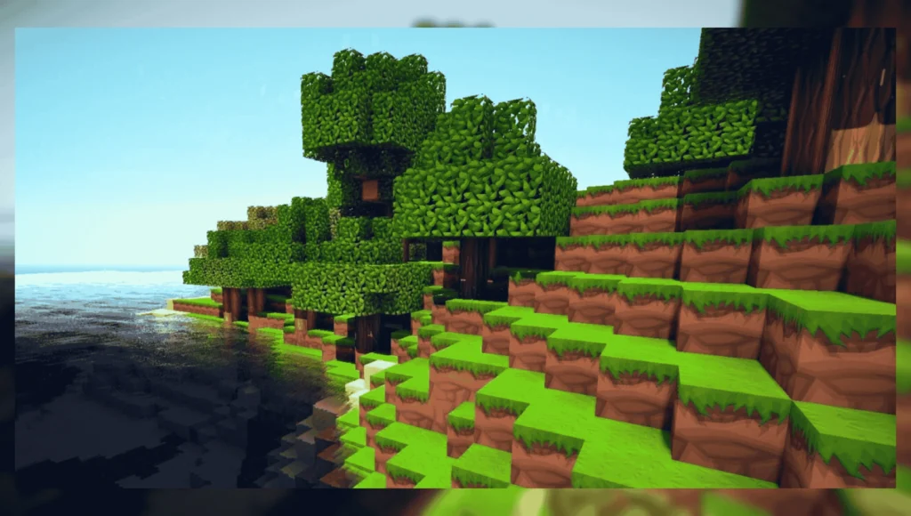 Pojavlauncher for pc 5 Minecraft Java Edition forest terrain with shaders and realistic lighting running on PojavLauncher APK