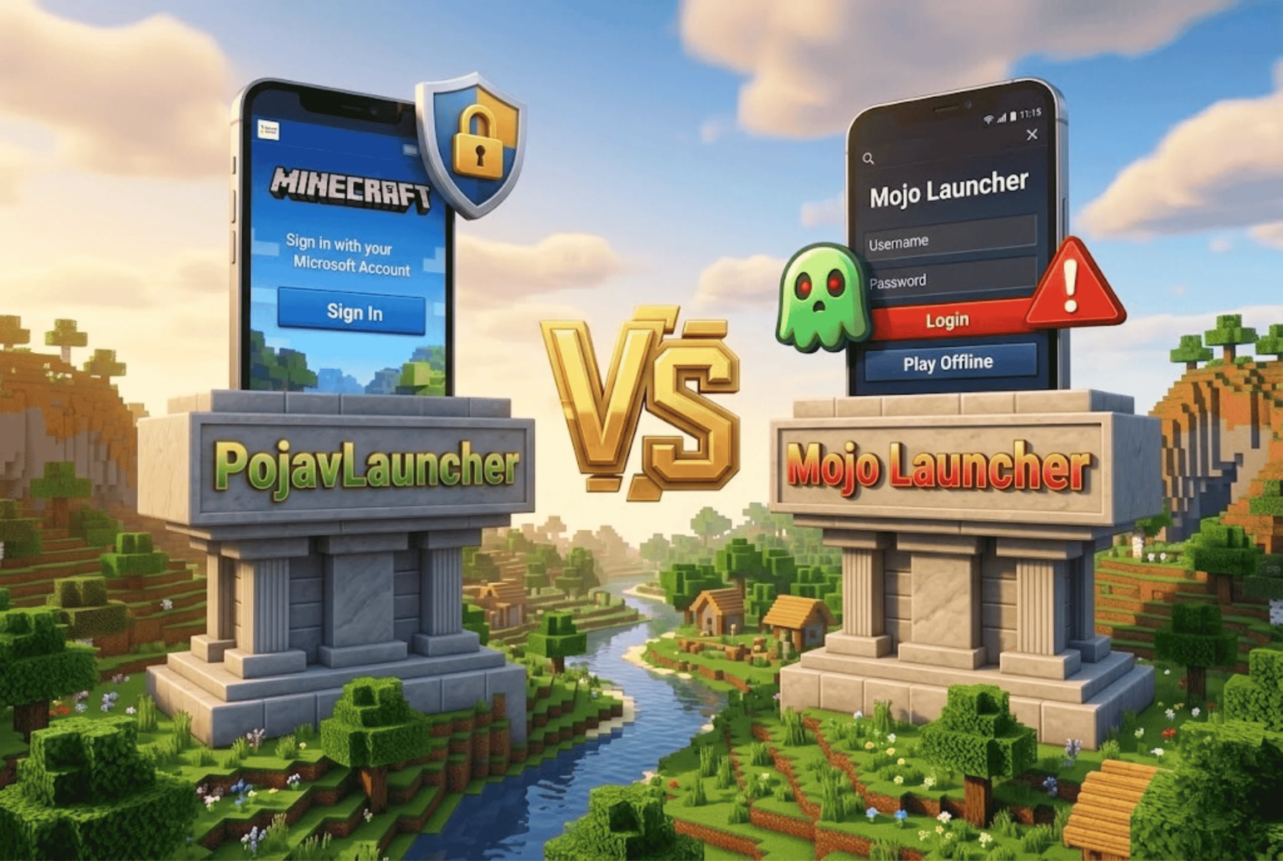 Pojavlauncher Vs Mojolauncher 2 PojavLauncher vs Mojo Launcher comparison showing Minecraft login screen and Mojo Launcher interface with security and warning icons