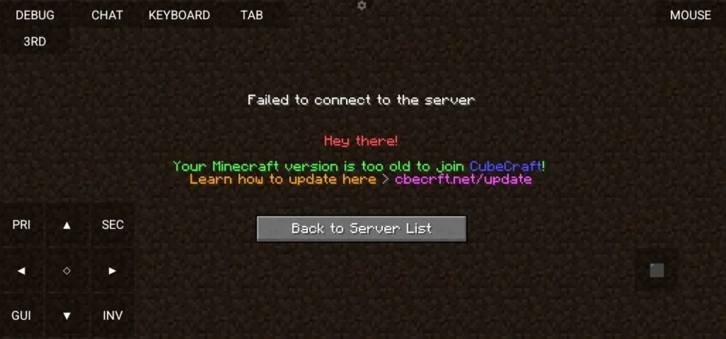 Server connection error screen showing: “Your Minecraft version is too old to join CubeCraft!”