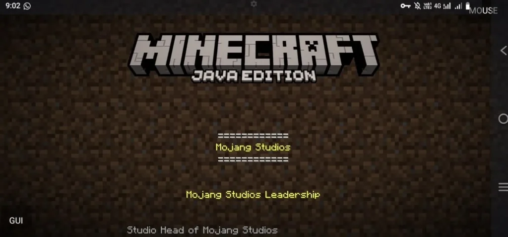 Minecraft Java Edition loading screen showing Mojang Studios logo and startup interface on mobile via PojavLauncher