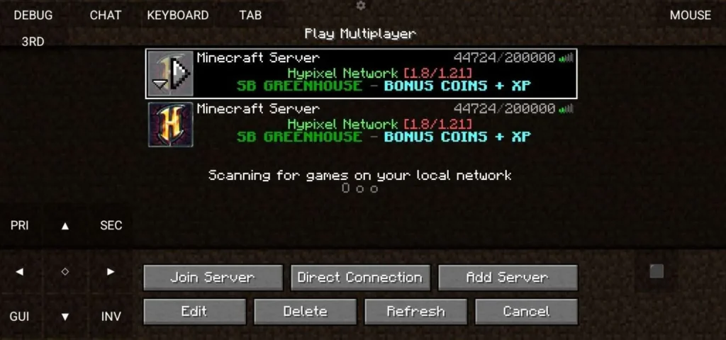 Multiplayer server list screen showing Minecraft servers and buttons like Join Server, Direct Connection, and Add Server.