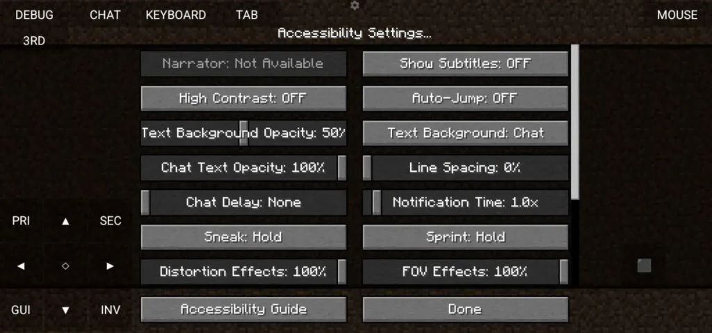Accessibility Settings screen showing options like High Contrast, Auto-Jump, Chat Delay, Sprint, and FOV Effects.