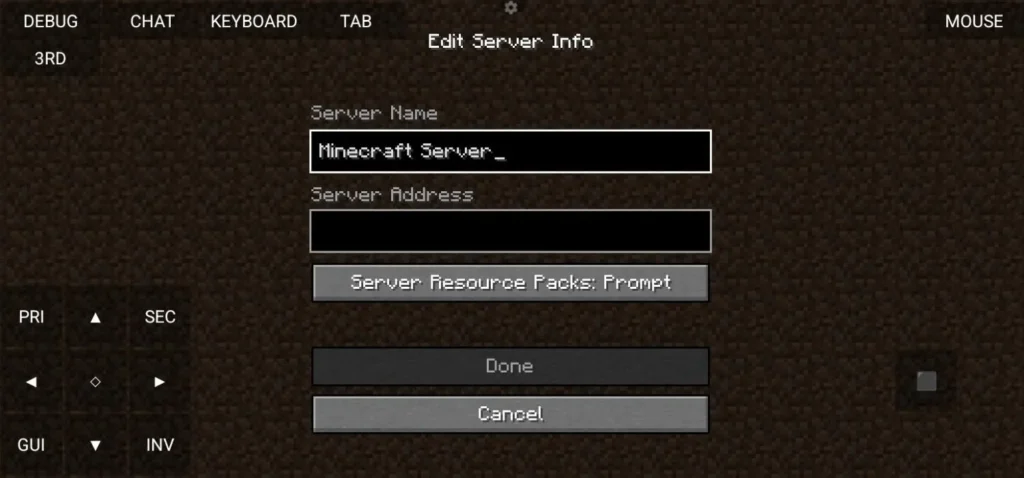Edit Server Info screen with fields for Server Name and Server Address.