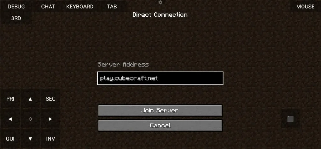 Direct Connection screen with the server address play.cubecraft.net entered.