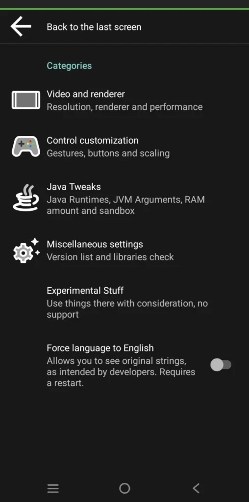 PojavLauncher settings categories