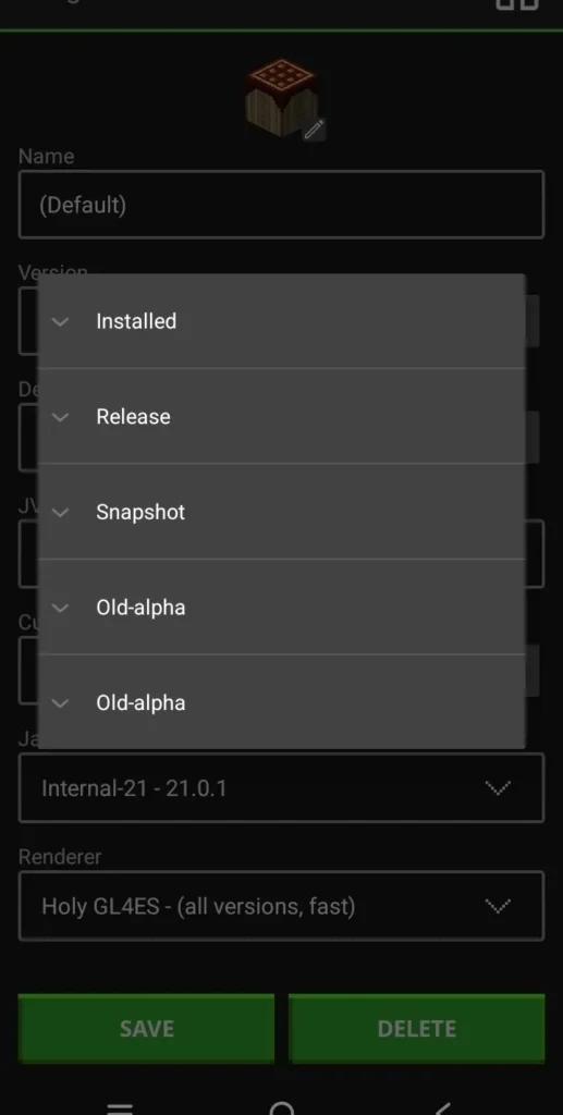 PojavLauncher version selection menu