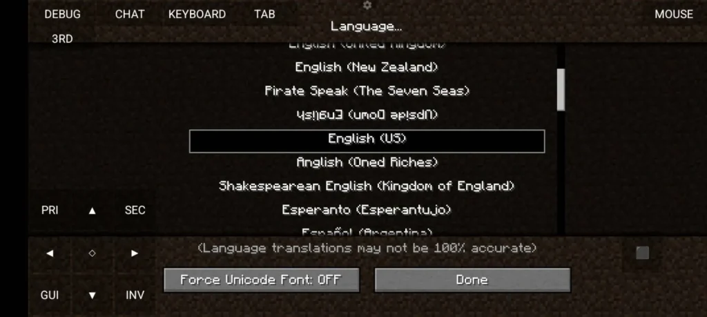 Language settings screen with English (US) selected.