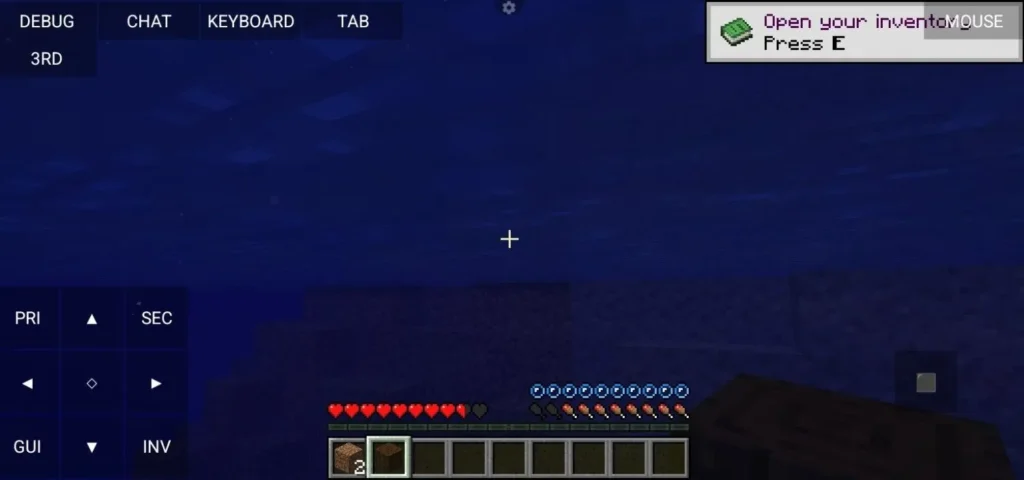 Gameplay screen underwater with health, hunger bar, and tutorial tip “Open your inventory, Press E.”